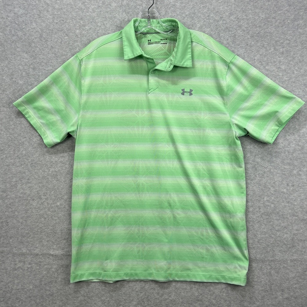 Under Armour Polo‎ Shirt Men Large Green Stripe Heatgear Performance Golf Tennis